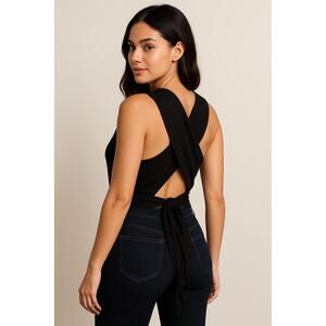 Lush Tank Top‎ Womens Size M Black Ribbed Crisscross Back With Tie